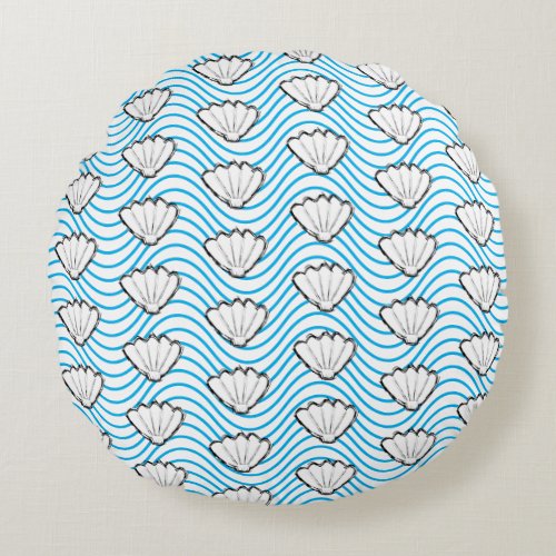 Seashell Sketch White And Blue Wave Patterns Round Pillow