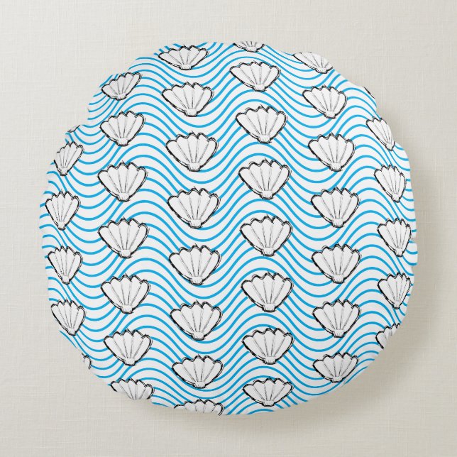 Seashell Sketch White And Blue Wave Patterns Round Pillow (Front)