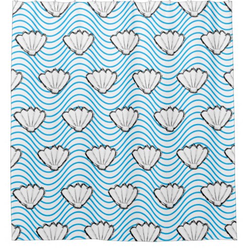 Seashell Sketch White And Blue Wave Patterns Shower Curtain