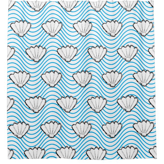 Seashell Sketch White And Blue Wave Patterns Shower Curtain (Front)
