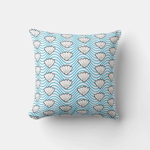 Seashell Sketch White And Blue Wave Patterns Throw Pillow