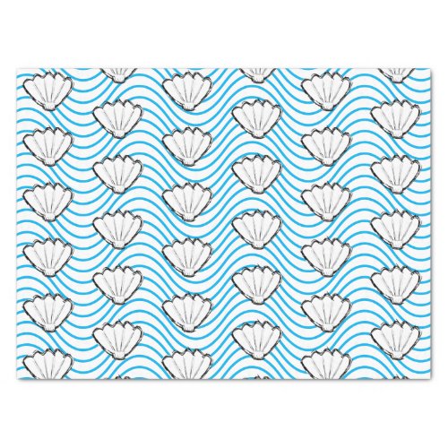 Seashell Sketch White And Blue Wave Patterns Tissue Paper