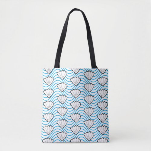 Seashell Sketch White And Blue Wave Patterns Tote Bag