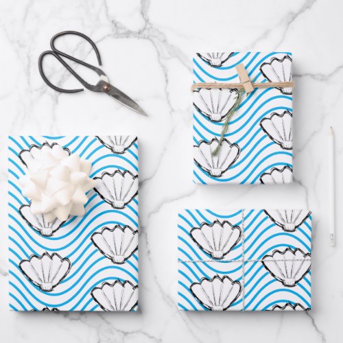 Seashell Sketch White And Blue Wave Patterns Wrapping Paper Sheets
