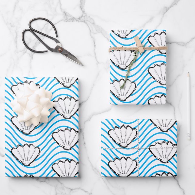 Seashell Sketch White And Blue Wave Patterns Wrapping Paper Sheets (Front)