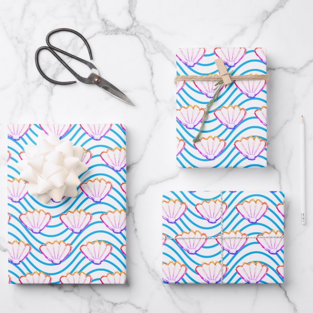 Seashell Sketch White And Blue Wave Patterns Wrapping Paper Sheets (Front)
