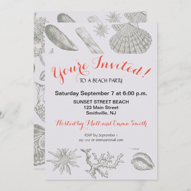 Seashell Soft Antique Art Beach Shells Invitation (Front/Back)