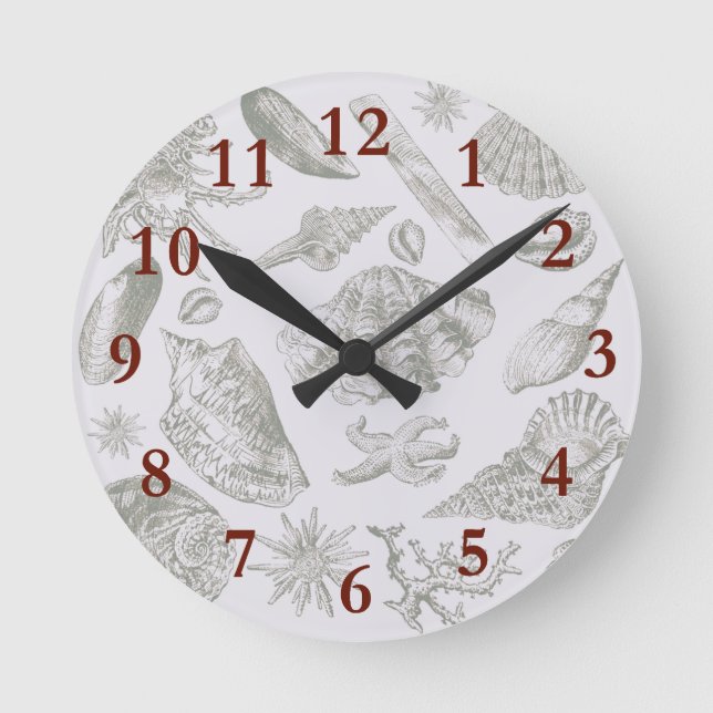 Seashell Soft Antique Art Beach Shells Round Clock (Front)