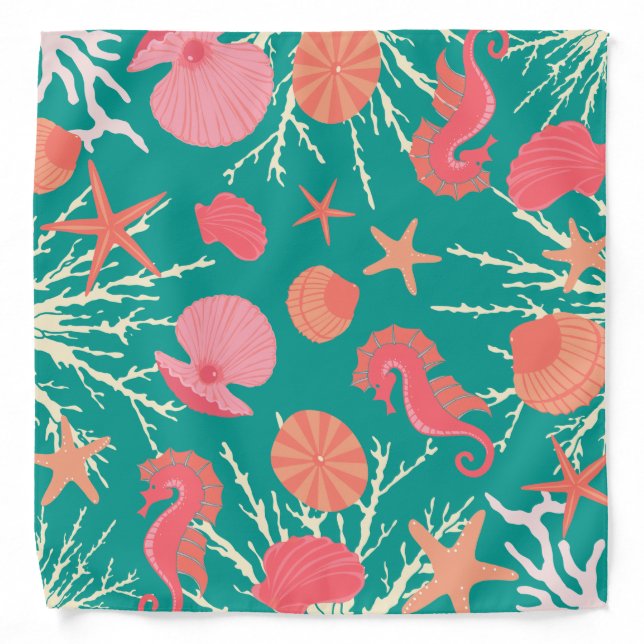 Seashell, Starfish and Seahorse Pink Blue Bandana (Front)