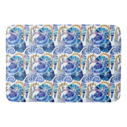 Seashell Starfish Glitter Blue Ocean Nautical Bath Mat