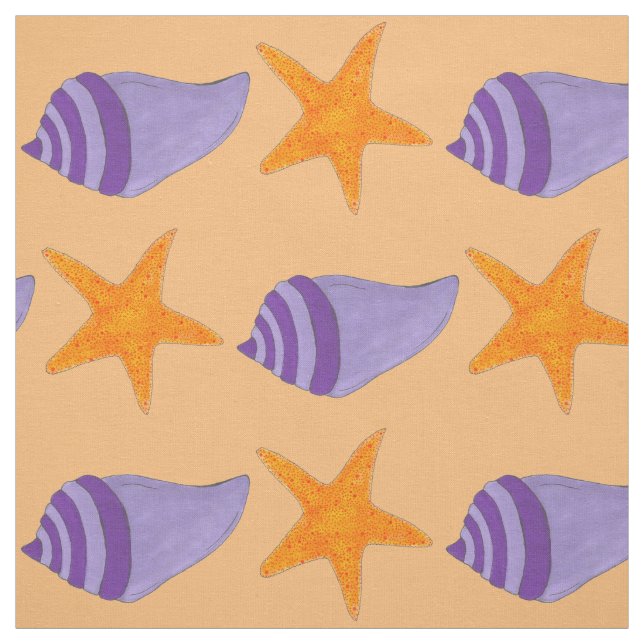 Seashell Starfish Orange Purple Beach Conch Shell Fabric (Swatch)