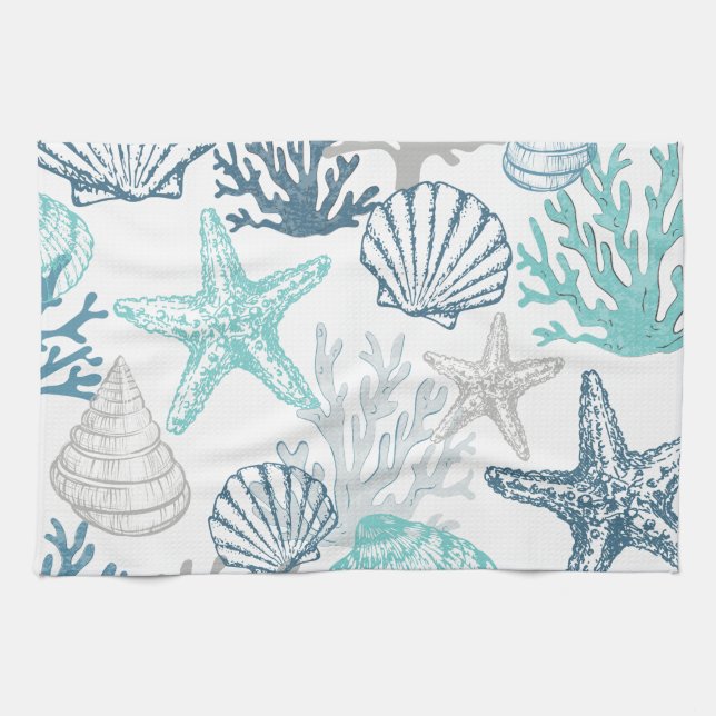 Seashell Starfish Pattern Blue And Teal Kitchen Towel (Horizontal)