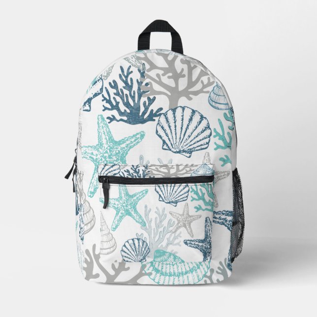Seashell Starfish Pattern Blue And Teal Printed Backpack (Front)