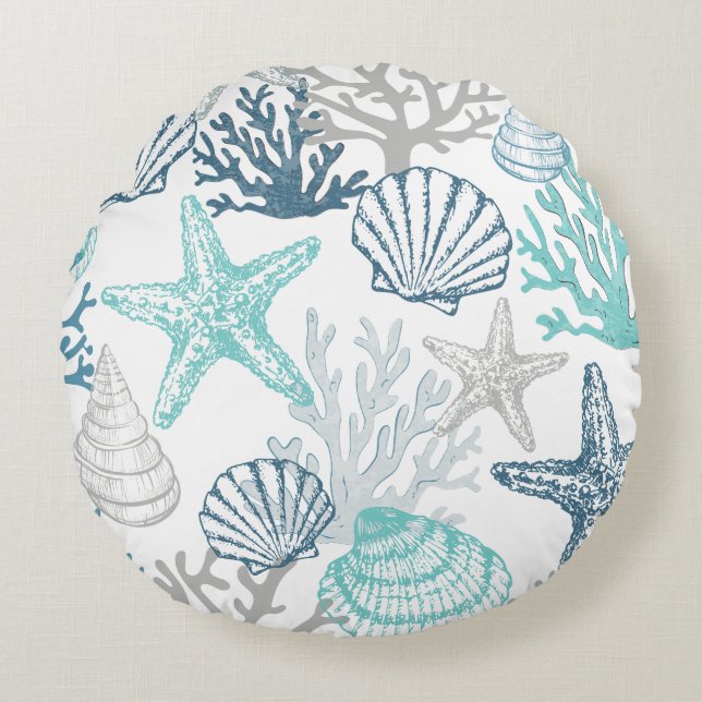 Seashell Starfish Pattern Blue And Teal Round Pillow (Front)