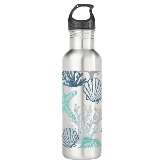Seashell Starfish Pattern Blue And Teal Stainless Steel Water Bottle (Front)
