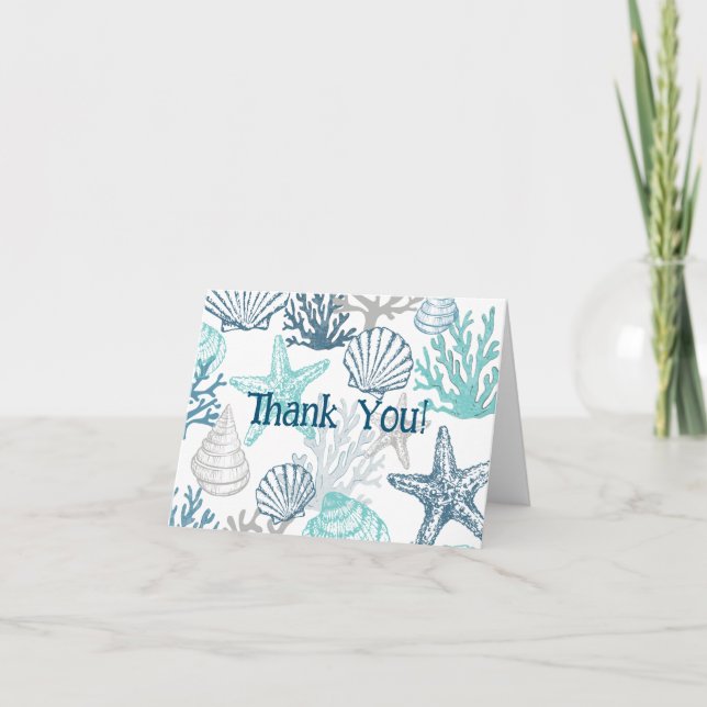 Seashell Starfish Pattern Blue And Teal Thank You Card (Front)
