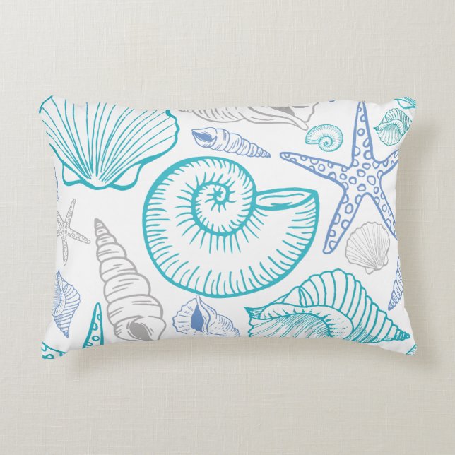 Seashell Starfish Pattern Blue Beige Teal Accent Pillow (Front)