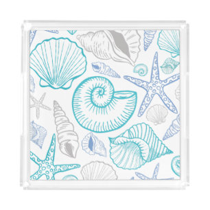 Seashell Starfish Pattern Blue Beige Teal Acrylic Tray