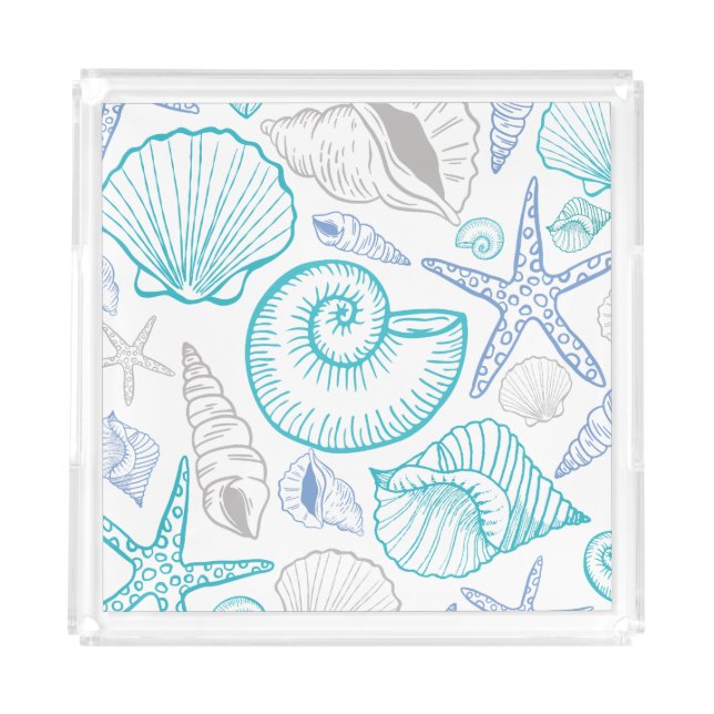 Seashell Starfish Pattern Blue Beige Teal Acrylic Tray (Front)