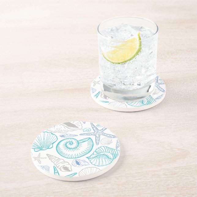 Seashell Starfish Pattern Blue Beige Teal Coaster (Side)