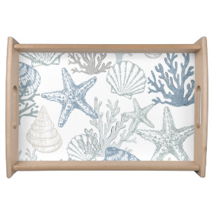 Seashell Starfish Pattern Blue Serving Tray