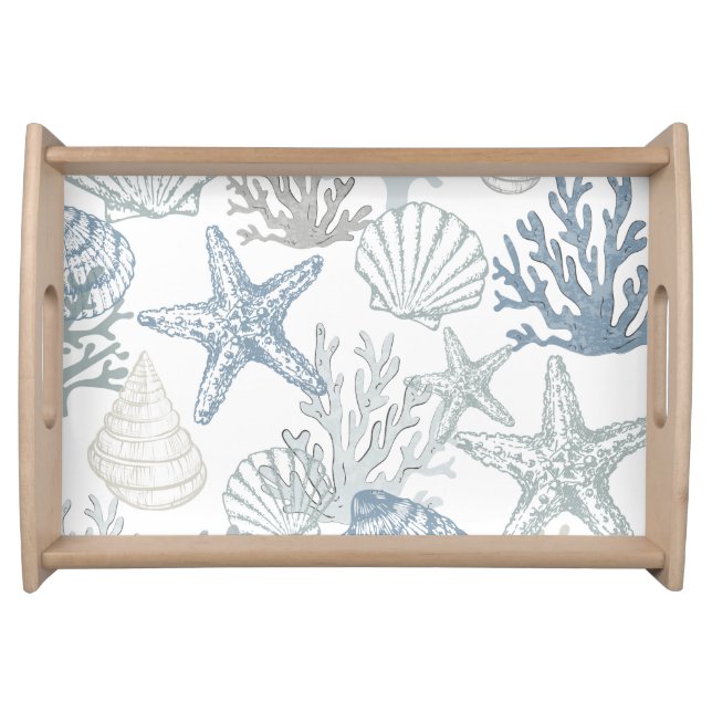 Seashell Starfish Pattern Blue Serving Tray (Front)