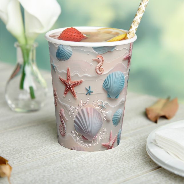 Seashell, Starfish & Seahorses Pastel Sand Party Paper Cups (Insitu)