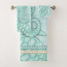 Embroidered Ivory Bathroom Hand Towel Sea Turtle Sand Dollar Sea Shells  HS1669 