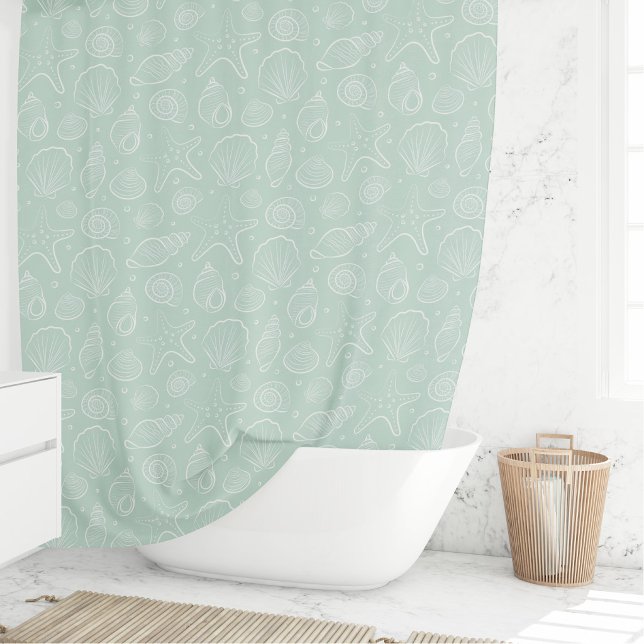 Seashell Summer Coastal Nautical Boho Beach Mint Shower Curtain (Creator Uploaded)