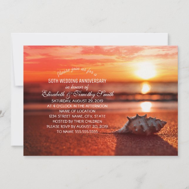Seashell Sunset Beach Wedding Anniversary Party Invitation (Front)