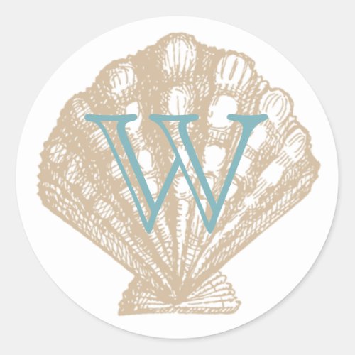 Seashell  Tan Scallop Sea Shell Monogram Classic Round Sticker