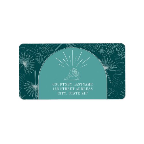 Seashell Teal Palm Tropical Beach Wedding Label