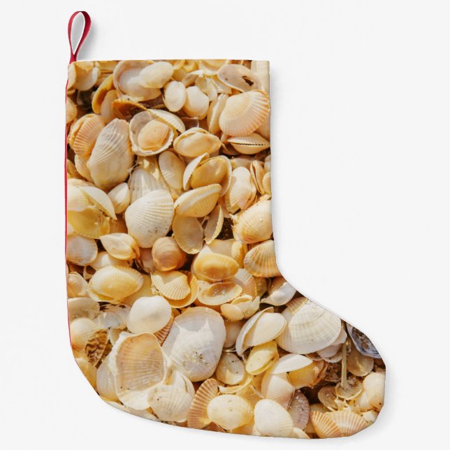 Seashell textured summer beach background. small christmas stocking (Front)