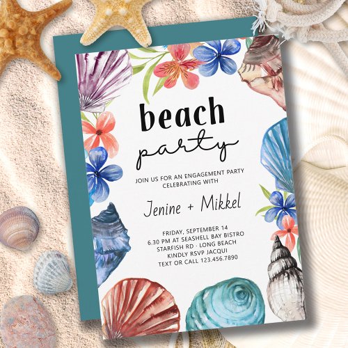 Seashell Tropical Flower Engagement Beach Party Invitation