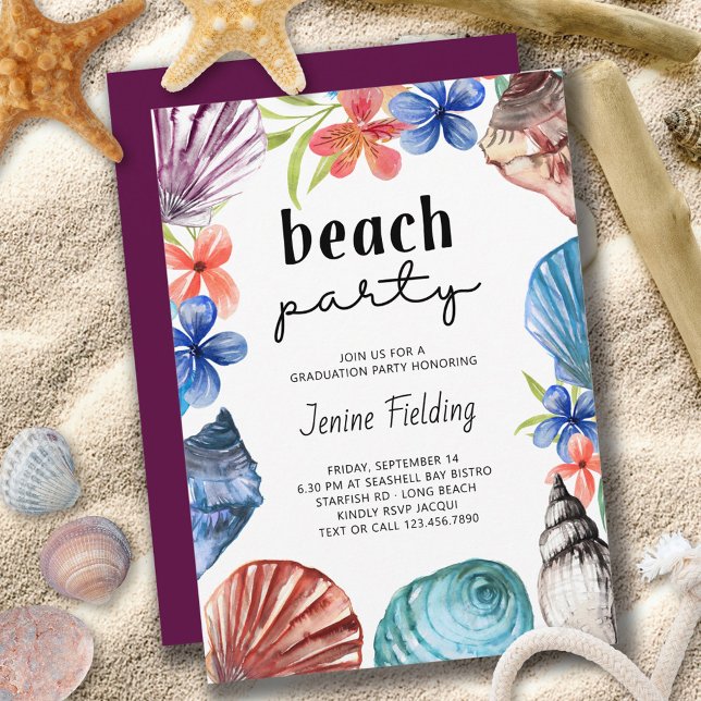Seashell Tropical Flower Graduation Beach Party Invitation (Creator Uploaded)
