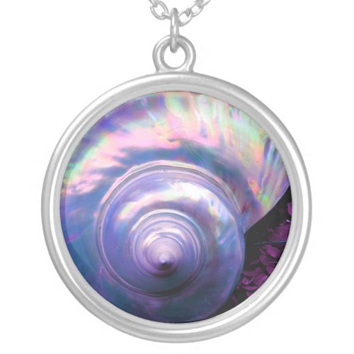 Seashell tropical opal mother of pearl look purple silver plated necklace