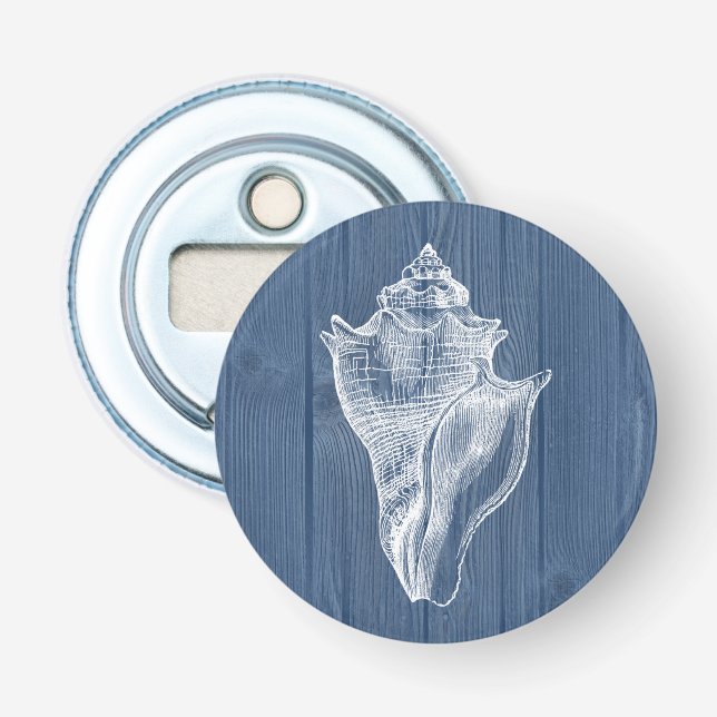 Seashell Vintage Blue Wood Beach Bottle Opener (Front)
