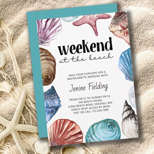 Seashell Watercolor Bachelorette Beach Weekend Invitation