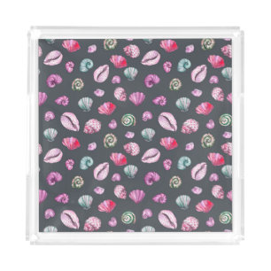 Seashell Watercolor: Dark Blue Pattern Acrylic Tray