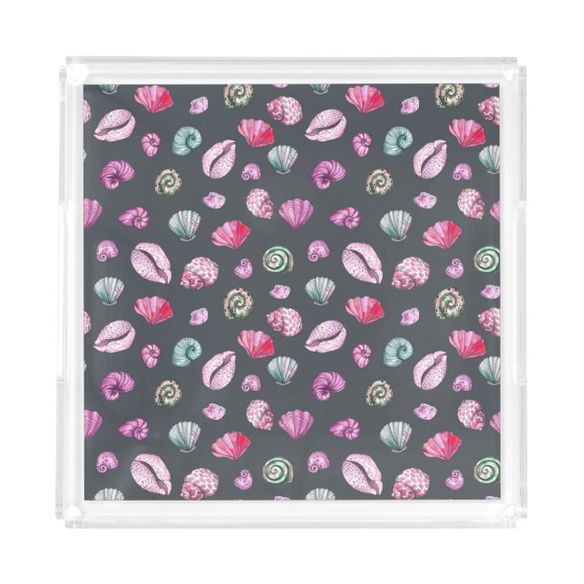 Seashell Watercolor: Dark Blue Pattern Acrylic Tray (Front)