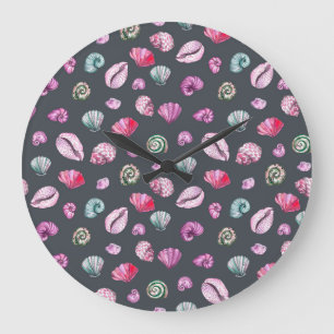 Seashell Watercolor: Dark Blue Pattern Large Clock