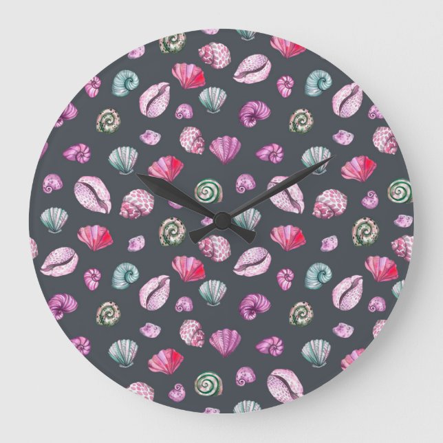 Seashell Watercolor: Dark Blue Pattern Large Clock (Front)