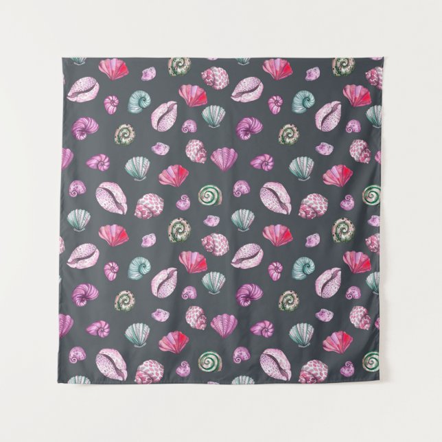 Seashell Watercolor: Dark Blue Pattern Tapestry (Front)