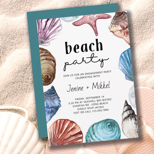 Seashell Watercolor Engagement Beach Party Invitation