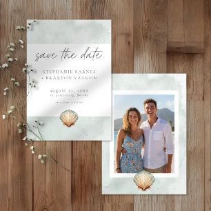 Seashell Watercolor Minimalist Beach Photo Wedding Save The Date