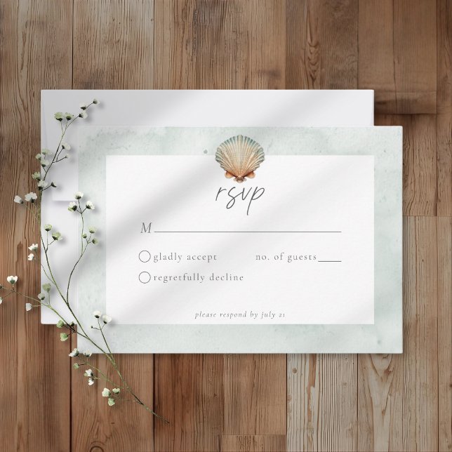 Seashell Watercolor Minimalist Beach Wedding RSVP Card (Creator Uploaded)