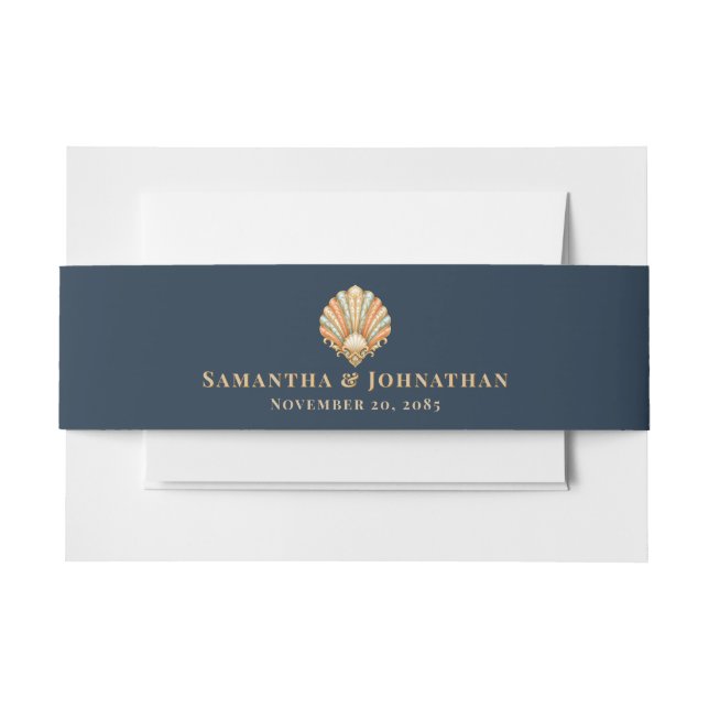 Seashell wedding blue orange clam shell invitation belly band (Front Example)