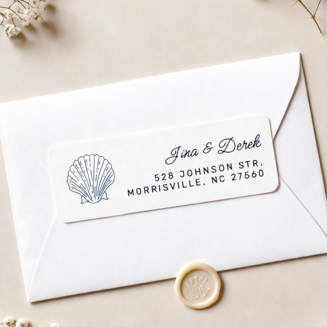 Seashell White Blue Wedding Return Address Label (Creator Uploaded)