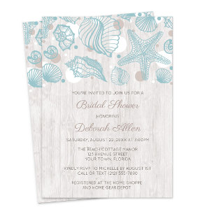 Seashell Whitewashed Wood Bridal Shower Invitation