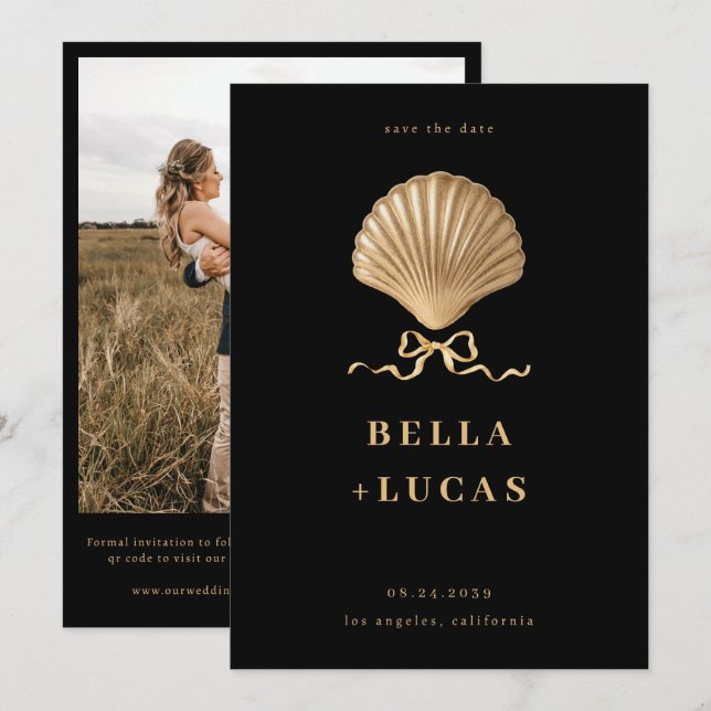 Seashell With a Bow Gold Beach Destination Wedding Save The Date (Front/Back)